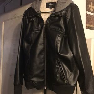 Black jacket with gray hood.